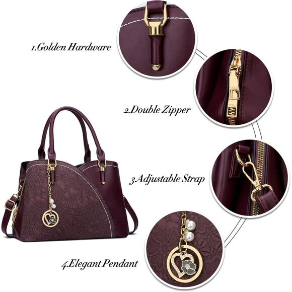 Women’s Wine Triple Compartment Satchel Fashion Top Handle Shoulder Bag - Picture 3 of 6